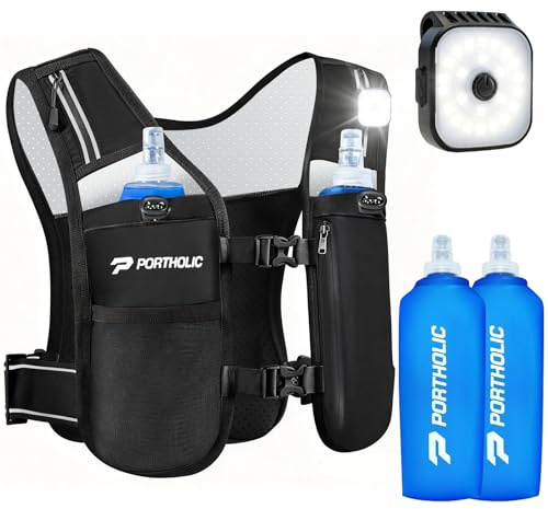 PORTHOLIC Laufweste Damen Herren Trinkweste mit 500 ml Trinkflasche,360° Reflektierend, wasserdichter Handytasche,leicht und verstellbar für Joggen, Trailrunning, Wandern, Marathon