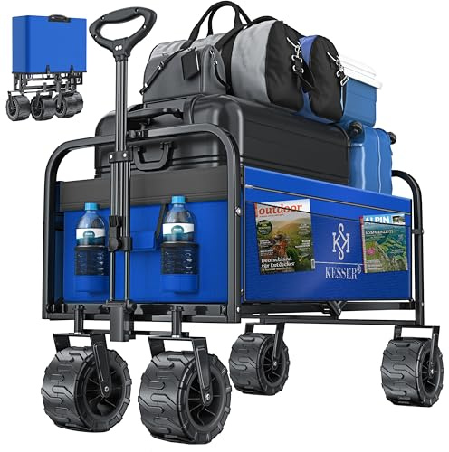 KESSER® Bollerwagen faltbar max. bis 150kg belastbar mit Breiten Vollgummi Reifen | Handwagen Transportkarre | Gerätewagen inkl. 2 Netztaschen & Seitentasche | Transportwagen Gartenanhänger klappbar