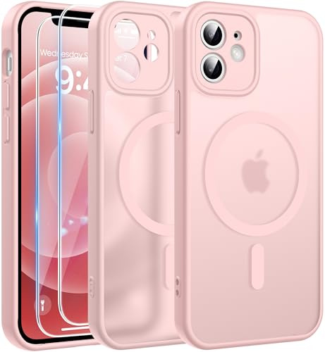 FLLAO for iPhone 12 Case, Magnetic Bumper Phone Case with 2 Tempered Glass Screen Protector, Full Camera Protection, Military-Grade Shockproof, Slim Translucent Matte Cover, Pink