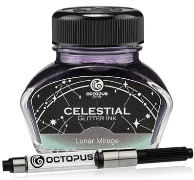 Octopus Fluids Lunar Mirage Glitzertinte Grau Grün, 30 ml + Konverter | Mit Tinten-Konverter für Füllhalter mit Standardpatronensystem, lange schreibbar ohne Verstopfen und leicht zu reinigen