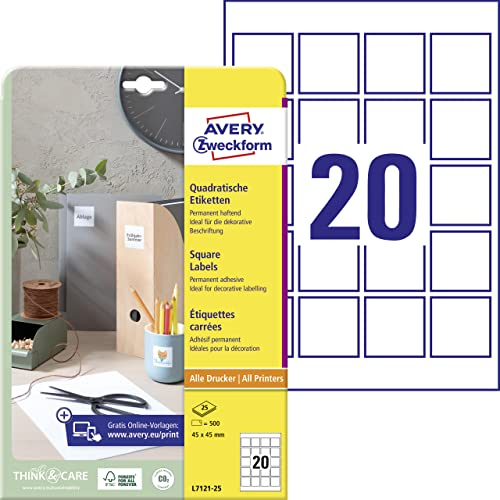AVERY Zweckform L7121-25 Quadratische Etiketten (500 Klebeetiketten, 45x45mm auf A4, QR Code Aufkleber zum Bedrucken, selbstklebend, permanent haftende QR Code Etiketten) 25 Blatt, weiß