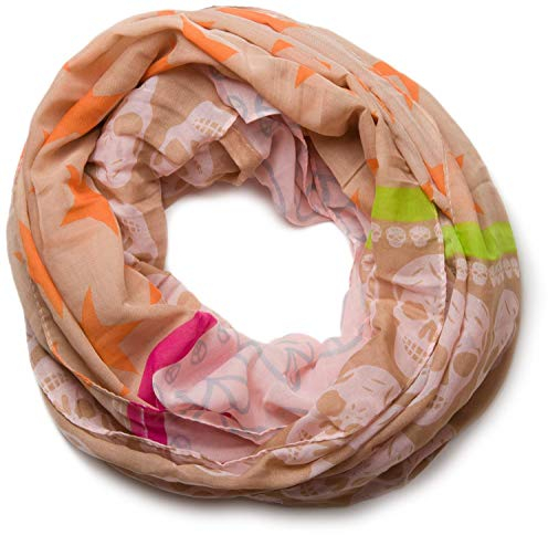 styleBREAKER Sterne Peace Totenkopf Skull Muster Loop Schlauchschal 01016044, Farbe:Beige-Rosa