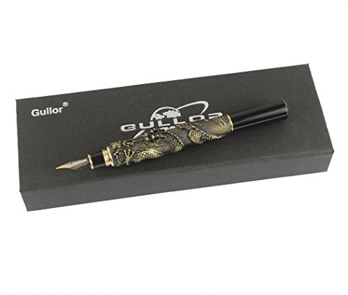 Gullor Chinese Dragon Bronze Basso-Relievo Fountain Pen with Original Pen Box and 5 Color Ink Cartridges