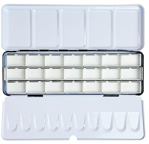 FCLUB Empty Watercolor Tins Palette Paint Case - Tin Box with 21 Full Pans | Medium Metal Watercolor Palette, Empty 3ML Full Pans, Folding Paint Tray with Lid, Paint Refills, Color Mixing, Art Painting