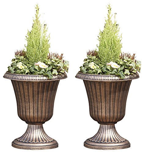 Garden Urn Patio Planter Outdoor & Indoor Large Flower Plant Pots, Set of 2 (Bronze)