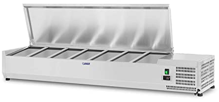 Royal Catering Countertop Refrigerated Display Case RCKV-160/39-S7 (160 x 39 cm, 62 L, for 7 x GN containers 1/3, 2-10 °C, 120 W, R600a, Thermostat, Defrost function, Stainless steel lid)