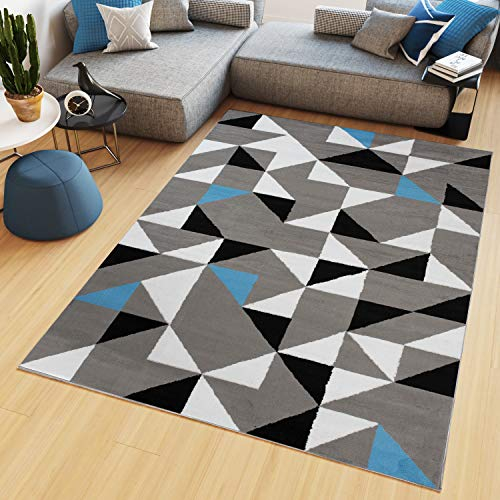TAPISO Maya Teppich Kurzflor Wohnzimmer Schlafzimmer Grau Weiß Blau Schwarz Modern Geometrisch Dreiecke Esszimmer Büro ÖKOTEX 220 x 300 cm
