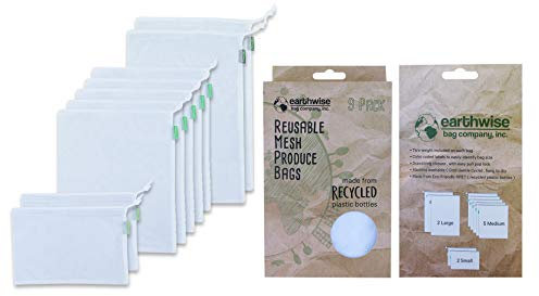 Earthwise Reusable Produce Bags Premium Mesh Set of 9 Bags Made from Recycled Plastic Bottles Ultra Durable, Eco Friendly See Through Transparent Material, Earth Friendly Gift Box (Rpet Mesh)