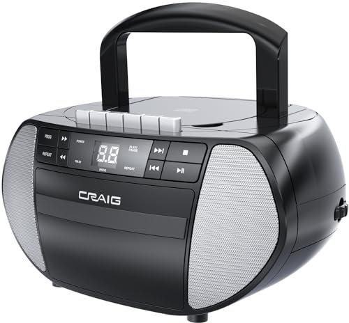 Craig Boombox portátil de carga superior con radio estéreo AM/FM y reproductor de casete/grabadora en negro | Reproductor/grabadora de cassette/grabadora | Pantalla LED (negro/gris)