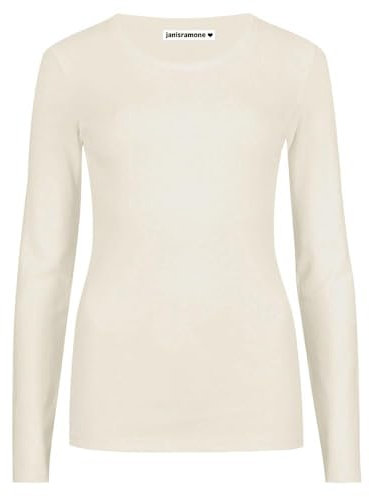 janisramone Womens Ladies Round Neck Long Sleeve T-Shirt Stretchy Plain Fitted Basic Jersey Casual Tee Top Cream