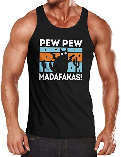 MoonWorks® Herren Tanktop Pew Pew Madafakas Katze Cat Crazy verrückt lustig Muscle Shirt Achselshirt schwarz M