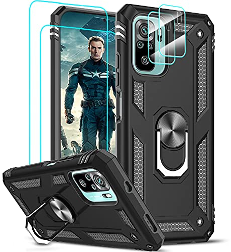 LeYi Hülle Kompatibel mit Xiaomi Redmi Note 10/Note 10S Handyhülle und 2*Panzerglas Schutzfolie &2*Kameraschutz Folie,360 RingHalter Handy Hüllen Stoßfest Cover Schutzhülle Bumper Case Schwarz