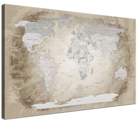 LANA KK - Premium Pinnwand Europakarte - Beige - Deutsch - in 100 x 70 cm, stabile Rückwand zum Pinnen inkl. Starterkit - Leinwand-Kunstdruck Wandbild Landkarte XXL