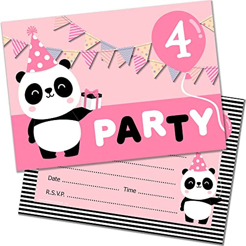 Olivia Samuel Einladungskarten zum 4. Geburtstag, Motiv Panda, A6, doppelseitig, mit Umschlägen, 20 Stück