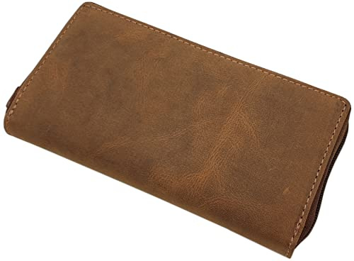 myledershop Große Büffel-Vollleder Damen Geldbörse/Geldbeutel/Portemonnaie/Geldtasche mit Colibri-Motiv oder ohne Motiv mit RFID & NFC Schutz (Ohne Motiv/Cognac)