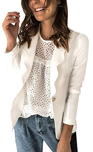 HANXIULIN Blazer, giacca estiva da donna, elegante, da lavoro, sottile, estiva, per il tempo libero, con tasche con stampa a maniche lunghe, blazer casual, risvolto aziendale, ufficio, bianco, XXXL