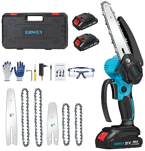 ERWEY Mini Kettensäge mit Akku 2000mAh, 4-Zoll und 6-Zoll 2-in-1 Elektrische Kettensägen-set mit bürstenlosem Motor und Superleistung, Tragbare Handkettensäge für Bäume Gartenarbeiten Holzschneiden