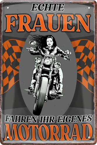 WOGEKA ART Retro Blechschild - Echte Frauen fahren eigenes Motorrad - lustiger Spruch als Geschenk-Idee zu Geburtstag Weihnachten zur Dekoration 20x30 cm Vintage-Design aus Metall 1885