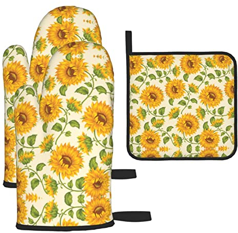 Set di guanti da forno e presine di girasole freschi: 3 set da cucina resistenti al calore per cucina, cucina, cottura, cottura al forno, resistente al calore