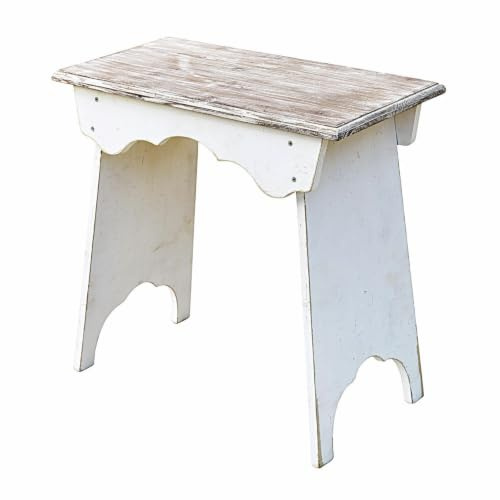 Loberon Hocker Fria, Handgefertigt & Reizend Verziert, Vintage-Flair, Romantik-Look, Feines Antik-Finish, auch als Beistelltisch Nutzbar, Sitzmöbel, Tannenholz, antikweiß