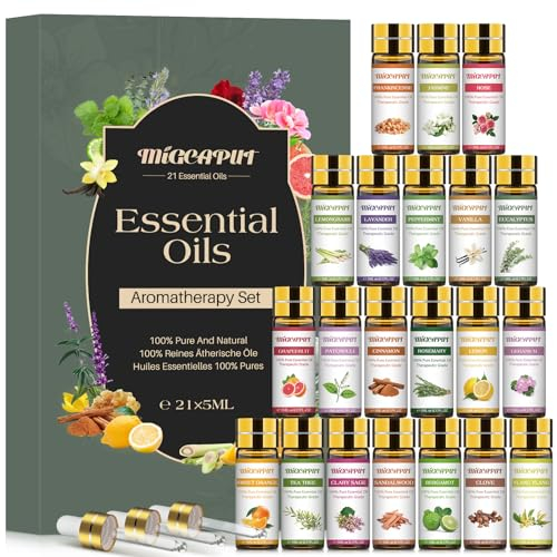 MIGCAPUT Ätherische Öle für diffuser, 21X5ml Ätherische Öle Set,100% Naturrein Ätherische Öle,Aroma Diffuser Öl, Aromatherapie Duftöl Geschenkset,für Diffuser, Humidifier, Massage