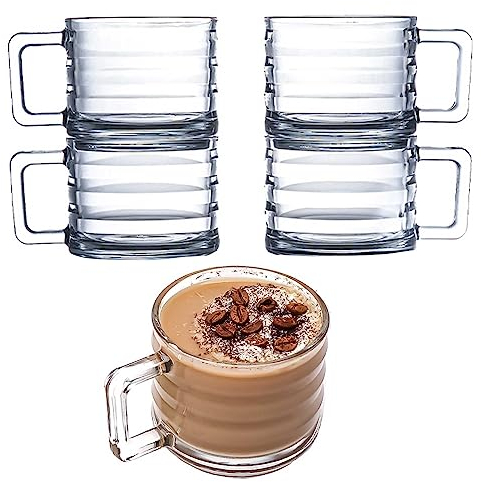 GOSOYO Stackable Glass Coffee Mugs Set of 4 (250cc/8.5oz). Fully Tempered Tea and Latte Glasses, Ribbed Glasses, Cappuccino Cups, Coffee Glasses, Glass Mugs for Hot Drinks with Handles