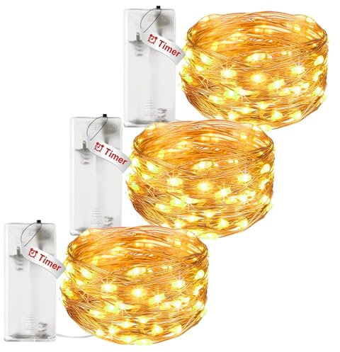 3 Pack Fairy Lights Battery Operated with Timer - 3M/9.8FT 30 LED Copper Wire Fairy String Lights Battery Waterproof Small Christmas Battery Lights Indoor for Bedroom Tree Wedding Party-Warm White