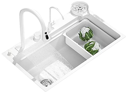 Fregadero de Cocina Blanco, Fregadero de Cascada de Lluvia voladora con rociador desplegable, fregaderos de Cocina de un Solo tazón, Fregadero de estación de Trabajo de Acero Inoxidable con