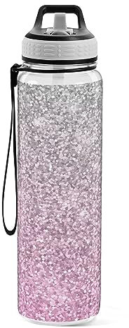 MCHIVER Silver Pink Glitter Water Bottle with Silicone Straw Lid 32 Oz Sport Water Bottles Leak Proof Travel Plastic Water Bottles for Gym Outdoors Fitness Bap-free Tritan