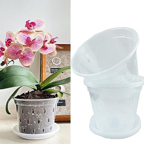 DESOMINOR Pot à orchidée transparent en plastique avec trous et soucoupes pour kit de rempotage d'orchidées (6, 17,8 cm avec soucoupe)