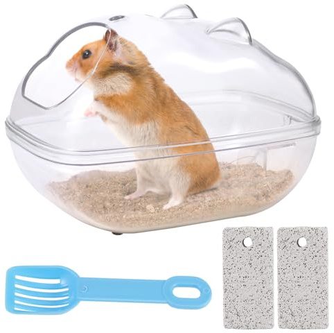 Fanshiontide Hamster Sand Bath Small Pet Bathtub Sand Bath Toilet Container | Hamster Cage with 1 Shovel and 2 Pet Molar Stone for Syrian Hamster Guinea Pig Rat Mice