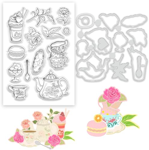 BEUNITONE Teetasse Klarstempel Blumen Silikonstempel Teekannen-Stempel Zum Basteln Transparente Siegelstempel Für Tassen Für Kartenherstellung DIY Scrapbooking Basteln Fotoalbum Tagebuch Dekor