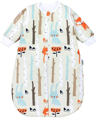 TupTam Schlafsack Baby 2.5 TOG - Ganzjahresschlafsack mit abnehmbaren Ärmeln, OEKO-TEX zertifiziert, Farbe: Birkenwald Fuchs Bär Igel Hase Beige, Größe: 80-86