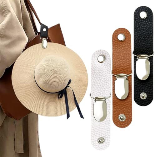 WKRTDY 3er Set Reise Hut Clips aus PU Leder für Taschen, multifunktionaler Huthalter, Sonnenhut Clips für Damen & Herren(Schwarz, Braun und Weiß)