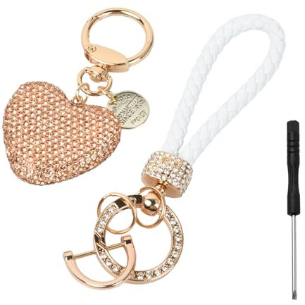 Porte-clés en Forme de Coeur, Porte-clés de Voiture en Cristal, Porte-clés Voiture Love, En Cuir Amour Coeur Keychain, Porte-clé Pailleté pour Femme Voiture Clip de Sac Cadeau (Or)