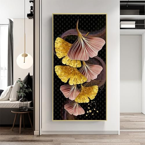 KXHHYB Golden Leaf Tableau mural abstrait pour la décoration murale de la maison et du salon, sans cadre, 110 x 55 cm - Motif : rose et feuilles de ginkgo - Noir et doré