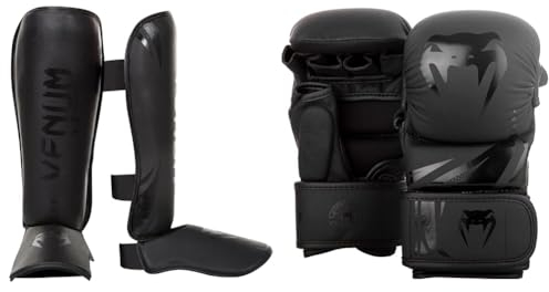 Venum Erwachsene Schienbeinschutz Challenger Schienbeinshoner, Schwarz/Schwarz, L & Unisex Handschue Challenger 3.0 MMA Sparring Handschuhe, Schwarz/Schwarz, L-XL EU