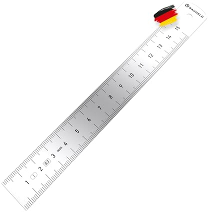 BAUHELD® Stahllineal 150mm [EG-1] - Stahlmaßstab mit Messskala in INCH und CM [Made in Germany] - Robustes Metall-Lineal aus rostfreiem INOX Edelstahl - 15 cm Linial mit praktischer Aufhängelochung