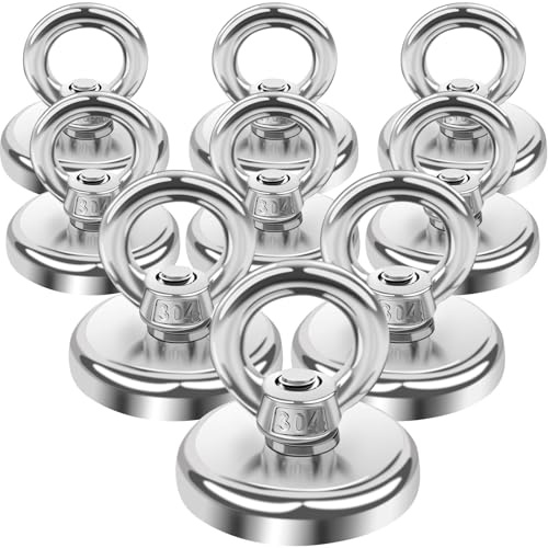 MIN CI 32mm Starke Magnete, 9pcs Magnethaken 45KG(99lbs)Haftkraft Ösenmagnet Neodymium Magnet mit Haken, Magnetfischen mit Öse Magnete Stark Magnetische Haken Topfmagnet für Camping