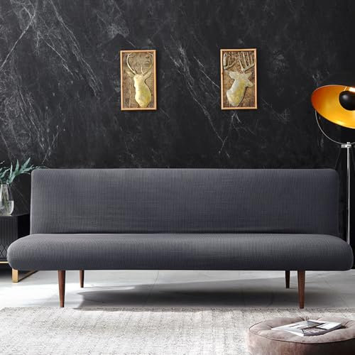 Hixingo Sofa Überzug Ohne Armlehnen, Anti-Rutsch Armloser Sofabezug Kleines Gitter Couch Überzug, Elastischer Sofabettbezug (2 Sitzer,Dunkelgrau)
