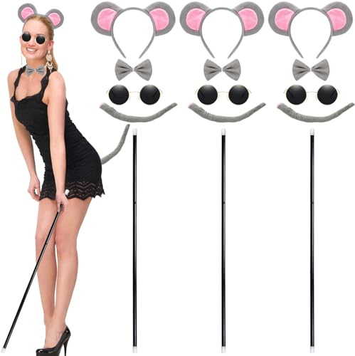 3 Set Halloween Mouse Costume Accessories Mouse Theme Costume Set Mouse Headband Tail Bow Tie Round Sunglasses Blind Cane for Halloween Party Favors Accessories Multi