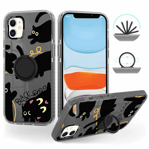 Foonary Phone case for iPhone 12/iPhone 12 Pro 6.1 inch, 360°Magnetic Ring Holder Kickstand Soft Silicone Shockproof AestheticsProtective Resistant Fashion Black Cat Bumper Cover for iPhone 12