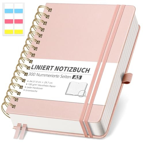 RETTACY Notizbuch A5 Liniert, Bullet Journal mit 100 g/m² Dickem Papier, 150 Blatt/300 Nummerierten Seiten, Collegeblock für Büro und Schule, Lederhülle, Roségold, 14.8 cm x 21 cm