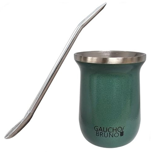 Gaucho Bruno - Mate industrial de acero inoxidable con bombilla para beber yerba mate | Fácil de limpiar | Cómodo de sostener | Mantiene el calor durante más tiempo, verde arrugado