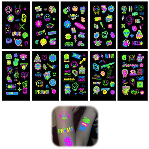 TEOZBLU 10 Blätter Temporäre Tattoos, Leuchtende Party Deko, Wasserfeste Klebetattoos, Party Gadgets, glitzer neon party outfit,farbe tattoo gesicht,schwarzlicht schminke