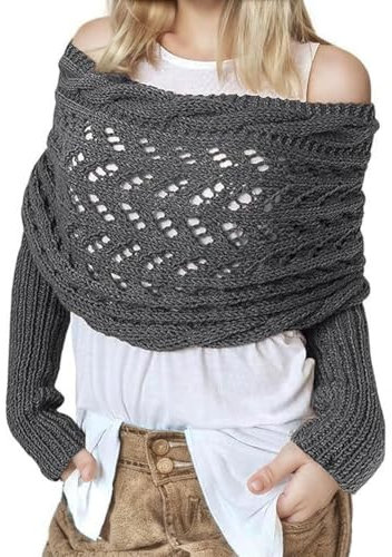 HAGOT Garnschal Damenschal, Strickschal Schal mit Ärmeln, Pulloverschal mit Ärmeln, Schal Mit äRmeln äRmelschal, Wickelpullover für Damen, Schultertuch Dirndl ZubehöR Damen, Dunkelgrau