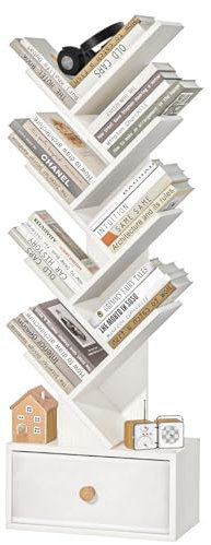 LELELINKY Bücherregal Baumform mit Schublade, Standregal 8 Ebenen für Bücher/CDs/Zeitschriften, DVD Bücherregal weiß Holz, Bücher Regal für Wohnzimmer, Schlafzimmer und Heimbüro