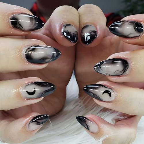 Cosmeria Lot de 24 faux ongles à coller, taille moyenne, avec dégradé noir gothique, acrylique ABS de haute qualité, idéal pour les fêtes et le quotidien