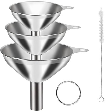 Makoto Nobu 3-teiliger Trichter-Set, Edelstahl, Silber, Groß (7,5 cm), Mittel (5,5 cm), Klein (4,5 cm), inkl. Reinigungsbürste und Griff, Multifunktional, leicht zu reinigen, stapelbar, Platz sparend