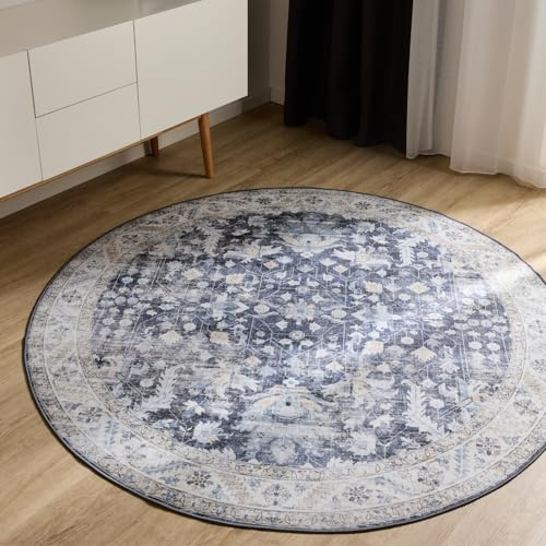 benuta Basic Waschbarer Teppich George - Blau 120 cm rund - Kunstfaser - rund & im Style: Vintage, Elegant, Retro - Pflegeleicht für Wohnzimmer Schlafzimmer